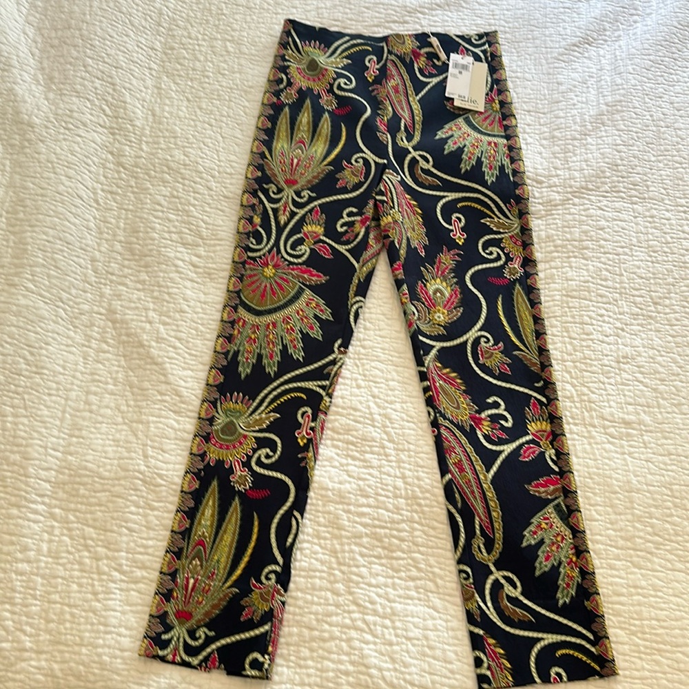 Elie Tahari Black Ankle Pants with Pink and Green Paisley Print